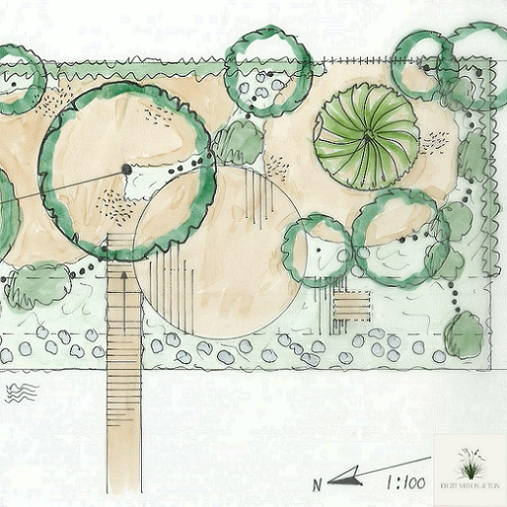 tuinontwerp grote achtertuin met speeleiland